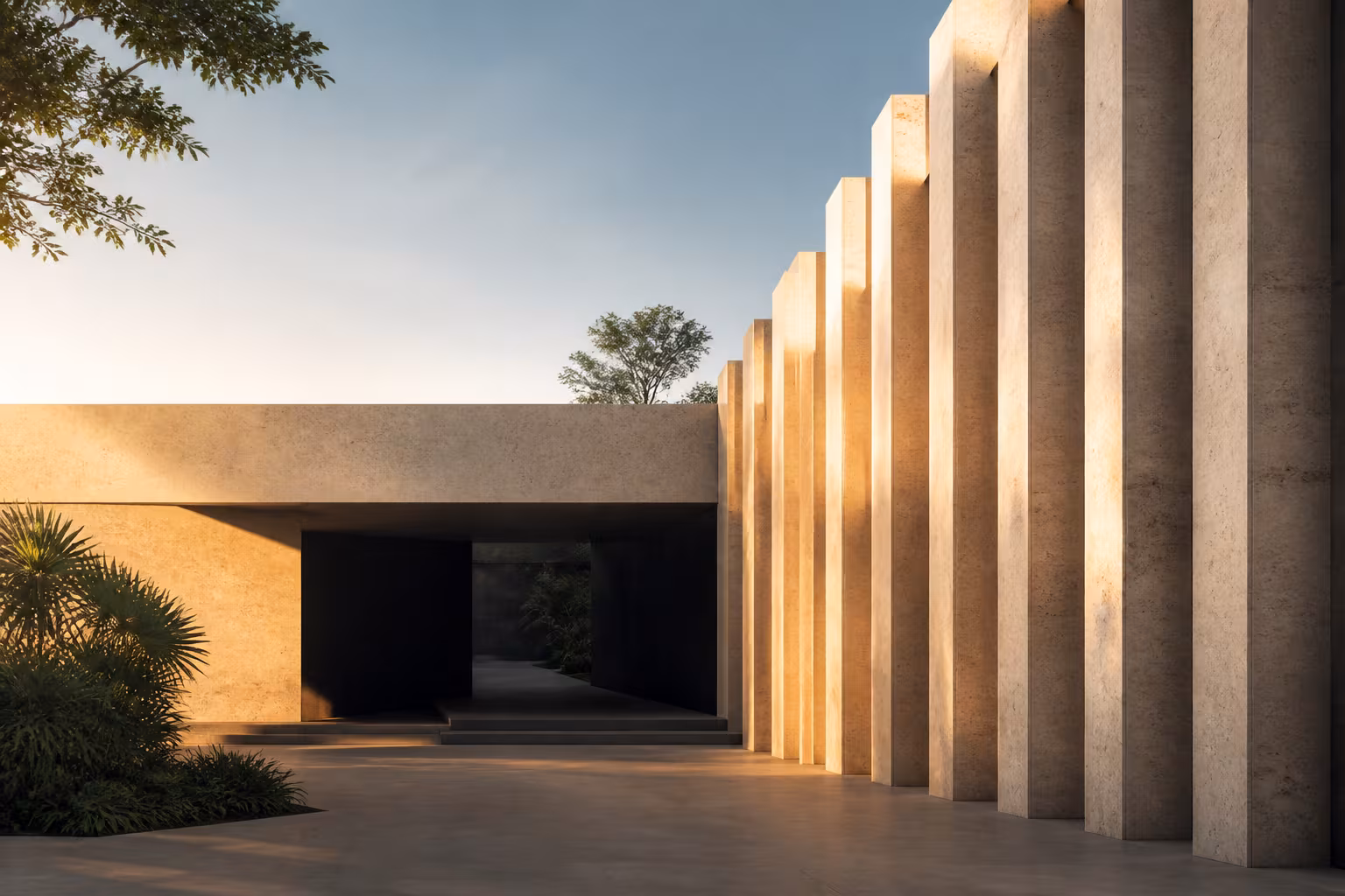 Composición arquitectónica conceptual de volúmenes de piedra y luz cálida